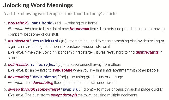 デイリーニュースアーティクルのUnlocking Word Meaningsの例